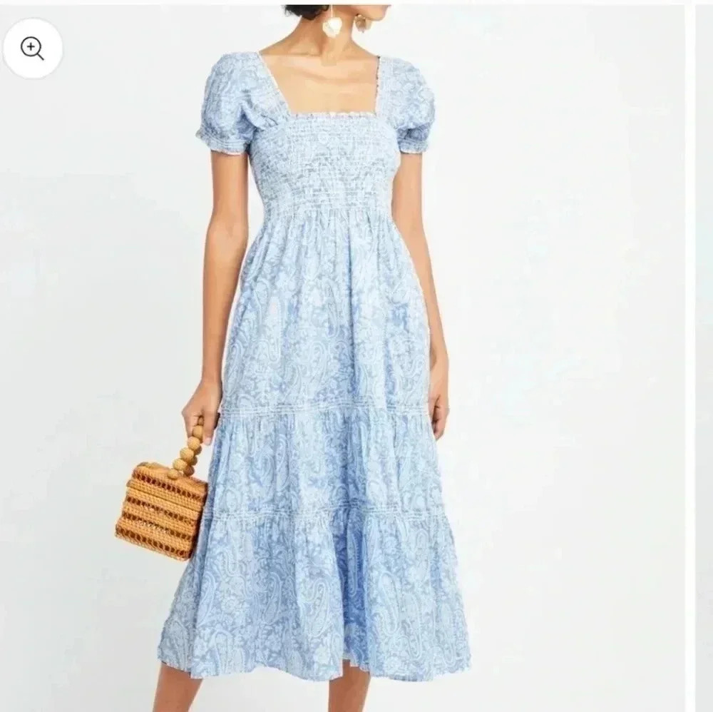 O.P.T. Square Neckline Smocked Blue/White Paisley Print Cotton Maxi Dress(M)
